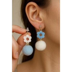 Blue & White Felt Flower Pom Pom Earrings | Cute Mismatched Dangle 1.5" new